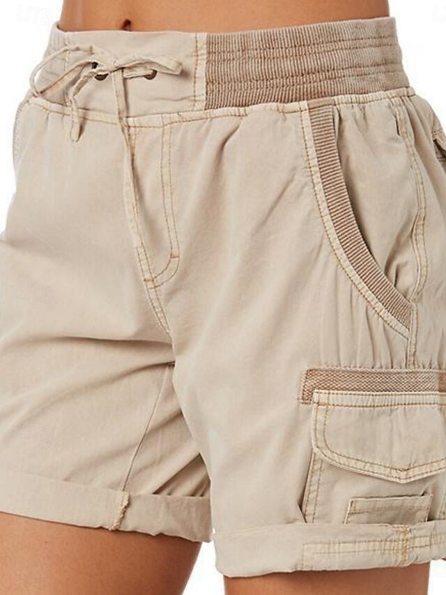Fashion Streetwear High Waist Plain Elastic Waistband Cargo Shorts - Image 2