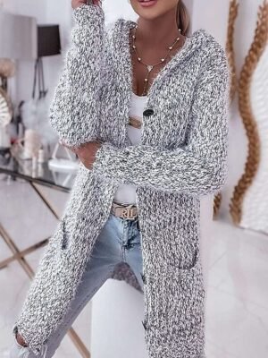 Fashion Streetwear Solid Open Front Knitted Long Sleeve Long Cardigan - Image 1