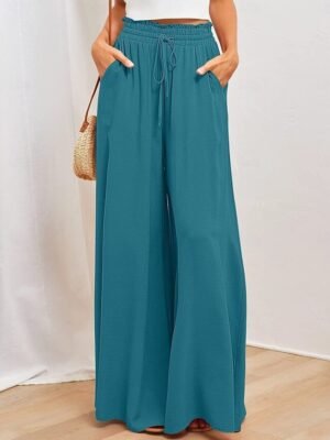 Fashion Wide Leg Shamrock Drawstring Full Length Trousers - Image 14