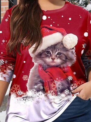 Festive Loose Kitten Graphic Crew Neck Long Sleeve Winter Top - Image 13