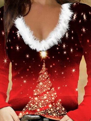 Festive Plush Collar Long Sleeve V Neck Snowflake Print Winter Top - Image 8