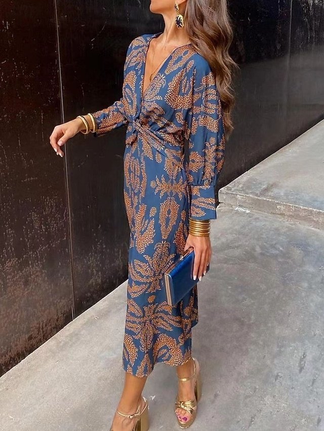 Graphic Print V Neck Long Sleeve Maxi Dress - Image 1