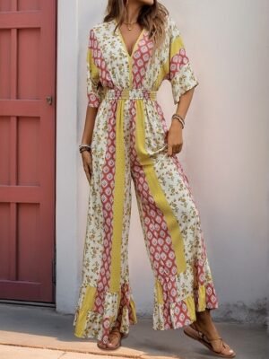 Holiday Regular Fit Floral V Neck 3/4 Sleeve High Waist Jumpsuit - Image 1