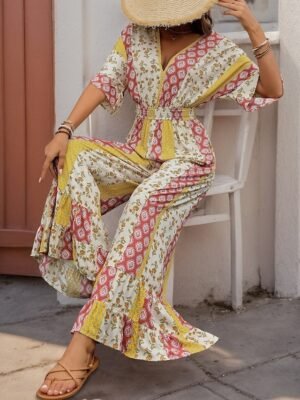Holiday Regular Fit Floral V Neck 3/4 Sleeve High Waist Jumpsuit - Image 4