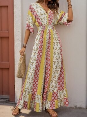 Holiday Regular Fit Floral V Neck 3/4 Sleeve High Waist Jumpsuit - Image 6