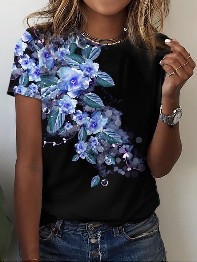Holiday Regular Floral Round Neck Short Sleeve Top - Image 2