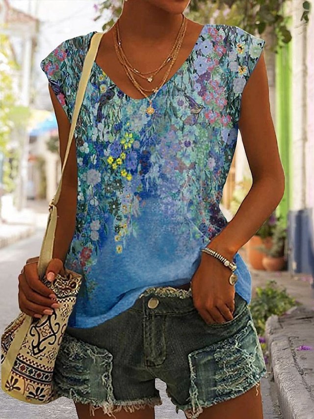 Holiday Regular Floral V Neck Sleeveless Tank Top - Image 2