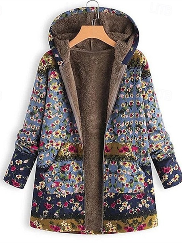 Modern Casual Floral Hooded Long Sleeve Fleece Jacket - Image 1