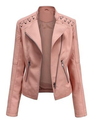 Modern Long Sleeve Faux Leather Moto Biker Jacket - Image 1