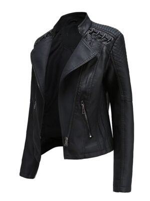 Modern Long Sleeve Faux Leather Moto Biker Jacket - Image 3