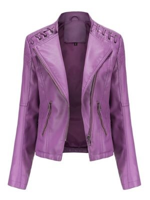 Modern Long Sleeve Faux Leather Moto Biker Jacket - Image 5