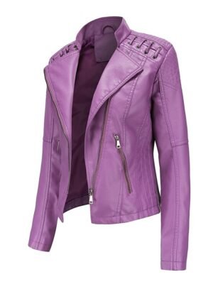 Modern Long Sleeve Faux Leather Moto Biker Jacket - Image 7