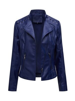Modern Long Sleeve Faux Leather Moto Biker Jacket - Image 8