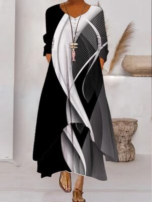 Modern Loose Colour Block Crew Neck 3/4 Length Sleeve Maxi Dress - Image 13