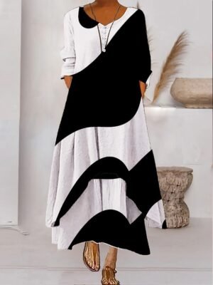 Modern Loose Colour Block Crew Neck 3/4 Length Sleeve Maxi Dress - Image 8