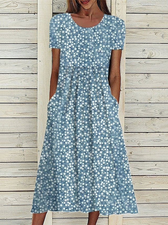 Modern Loose Fit Ditsy Floral Crew Neck Short Sleeve Midi Dress - Image 1