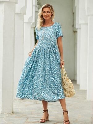 Modern Loose Fit Ditsy Floral Crew Neck Short Sleeve Midi Dress - Image 2