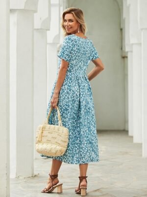 Modern Loose Fit Ditsy Floral Crew Neck Short Sleeve Midi Dress - Image 3