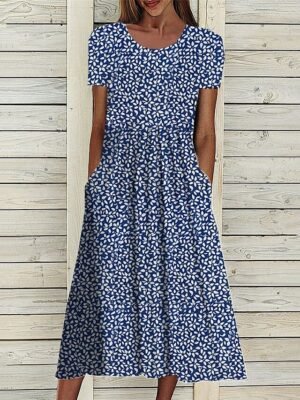 Modern Loose Fit Ditsy Floral Crew Neck Short Sleeve Midi Dress - Image 5