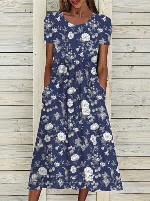 Modern Loose Fit Ditsy Floral Crew Neck Short Sleeve Midi Dress - Image 6