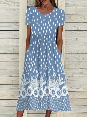 Modern Loose Fit Ditsy Floral Crew Neck Short Sleeve Midi Dress - Image 7