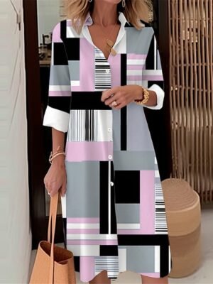 Modern Loose Fit Geometric Plaid Shirt Collar Long Sleeve Midi Dress - Image 1