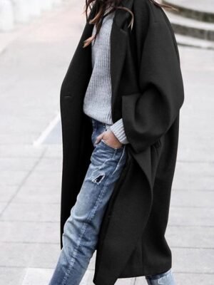 Modern Loose Fit Solid Colour Turndown Long Sleeve Long Coat - Image 1