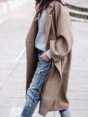 Modern Loose Fit Solid Colour Turndown Long Sleeve Long Coat - Image 3