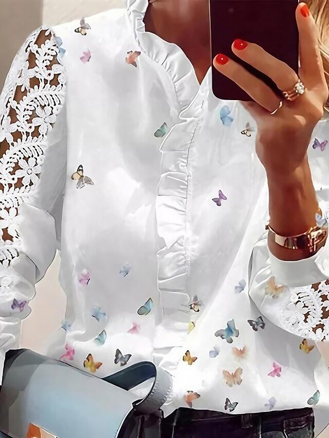 Modern Loose Lace V Neck Long Sleeve Shirt - Image 1