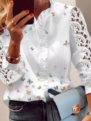 Modern Loose Lace V Neck Long Sleeve Shirt - Image 3