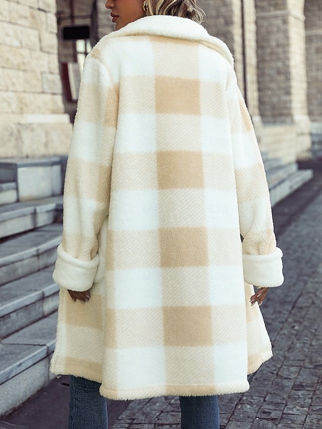 Modern Loose Plaid Turndown Long Sleeve Long Coat - Image 2