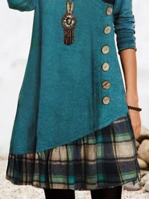 Modern Loose Plaid V Neck 3/4 Sleeve Mini Dress - Image 10
