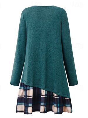 Modern Loose Plaid V Neck 3/4 Sleeve Mini Dress - Image 11