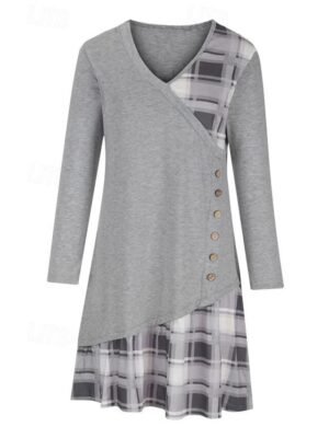 Modern Loose Plaid V Neck 3/4 Sleeve Mini Dress - Image 13