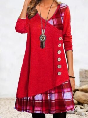 Modern Loose Plaid V Neck 3/4 Sleeve Mini Dress - Image 2