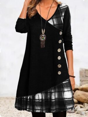 Modern Loose Plaid V Neck 3/4 Sleeve Mini Dress - Image 3