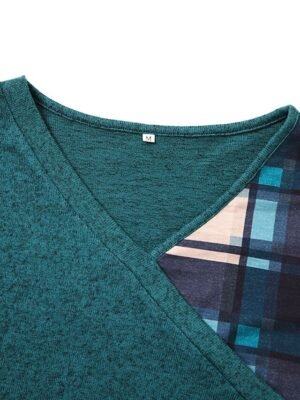 Modern Loose Plaid V Neck 3/4 Sleeve Mini Dress - Image 4