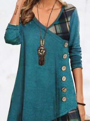 Modern Loose Plaid V Neck 3/4 Sleeve Mini Dress - Image 9