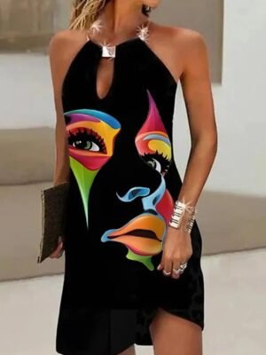 Modern Regular Fit Abstract Halter Neck Sleeveless Mini Dress - Image 1
