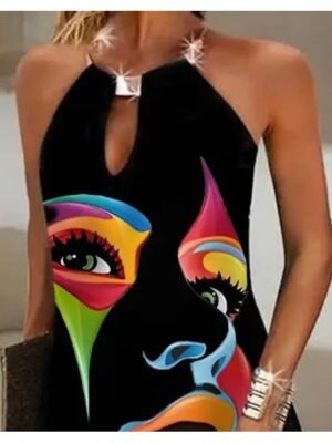 Modern Regular Fit Abstract Halter Neck Sleeveless Mini Dress - Image 2