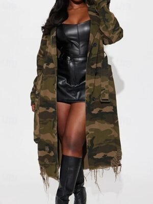 Modern Regular Fit Camo Turndown Long Sleeve Long Trench Coat - Image 2