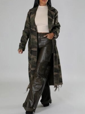 Modern Regular Fit Camo Turndown Long Sleeve Long Trench Coat - Image 8
