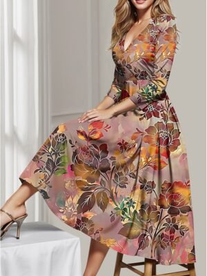Modern Regular Fit Floral Deep V 3/4 Sleeve Midi Dress - Image 1