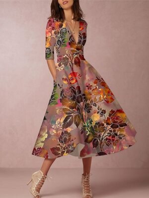 Modern Regular Fit Floral Deep V 3/4 Sleeve Midi Dress - Image 2