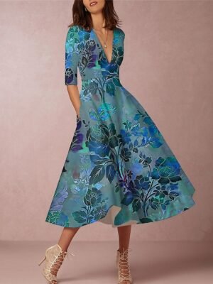 Modern Regular Fit Floral Deep V 3/4 Sleeve Midi Dress - Image 4