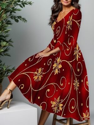 Modern Regular Fit Floral V Neck 3/4 Sleeve Midi Dress - Image 1