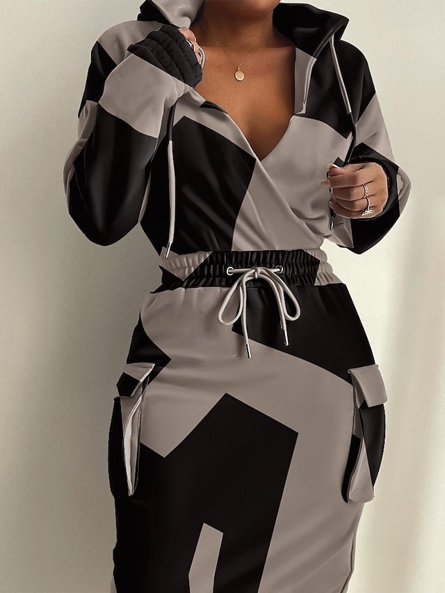 Modern Regular Fit Graphic Print Deep V Long Sleeve Midi Hoodie Dress - Image 2