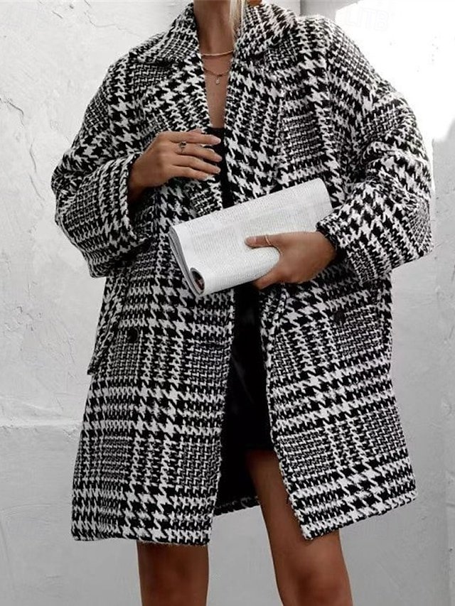 Modern Regular Fit Houndstooth Turndown Long Sleeve Long Coat - Image 1