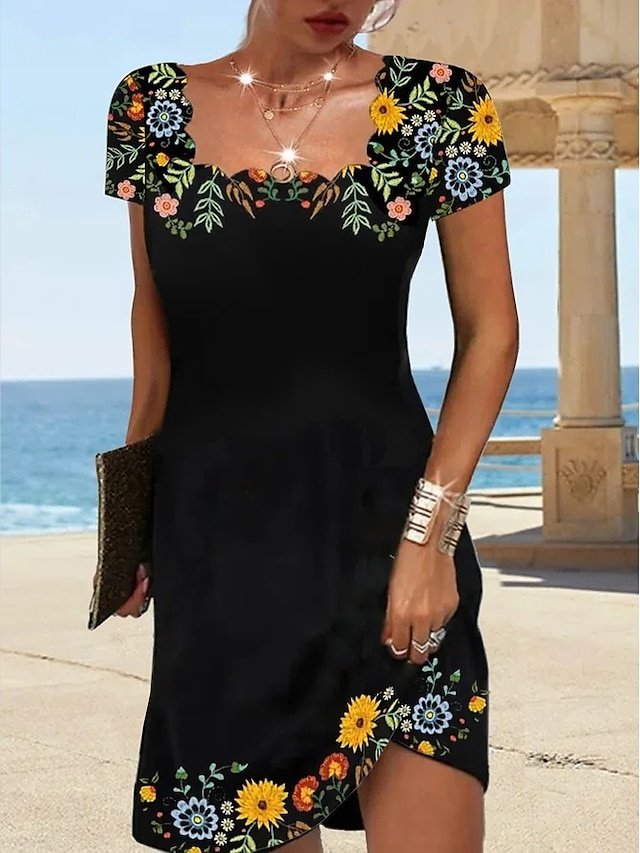 Modern Regular Fit Print Square Neck Short Sleeve Summer Dress - Image 1