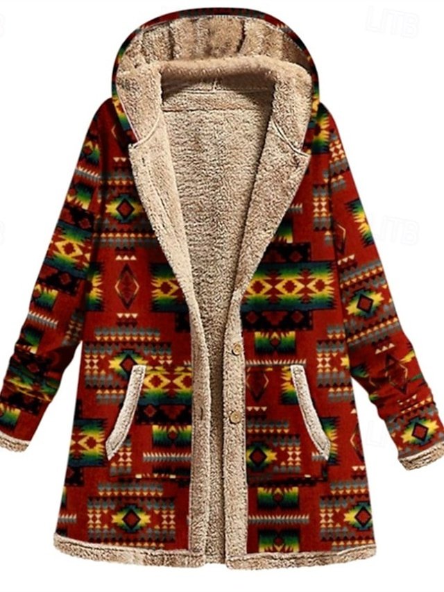 Modern Regular Geometric Hooded Long Sleeve Fleece Jacket - Image 2